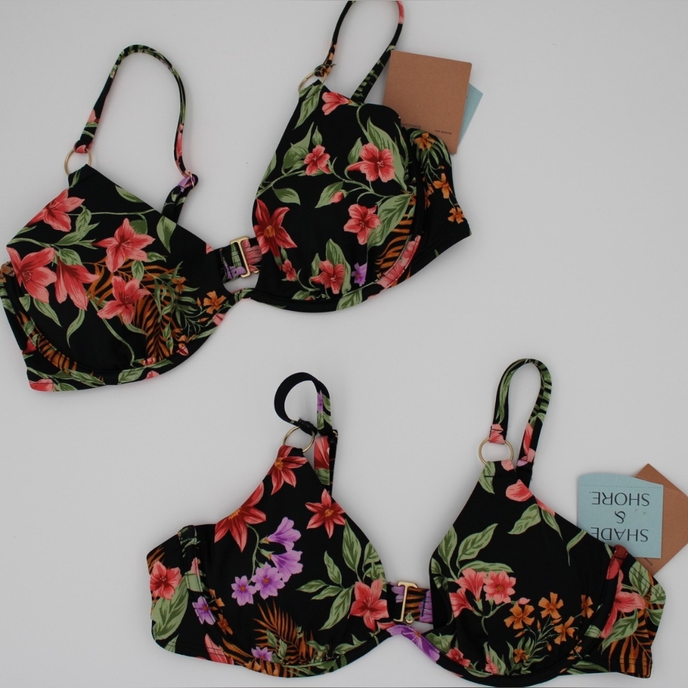 NWT Black Tropical Floral Bikini Top – Underwire 34DD & 36C